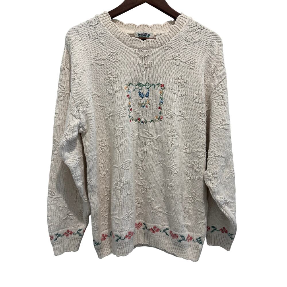 Vintage Northern Reflections Cream Cotton Blue Bird Embroidered Sweater M